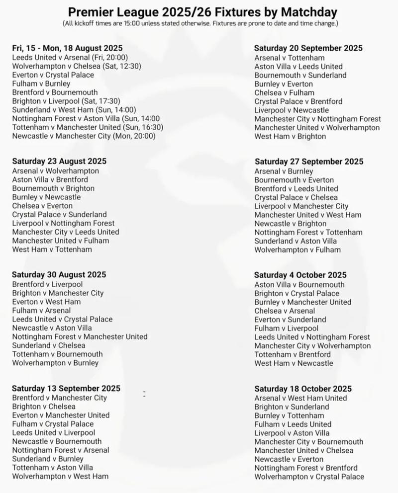 2025-2026英超赛程